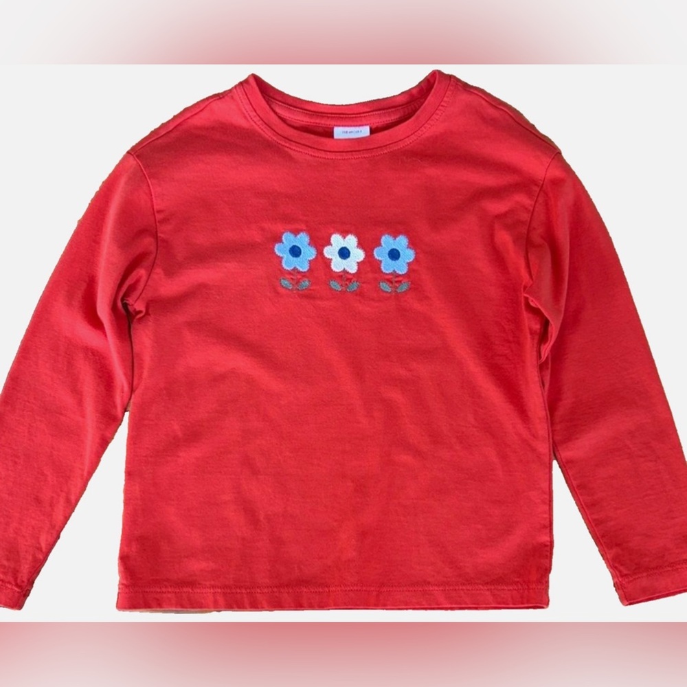 Hanna Andersson Red Floral Embbroidered Pima Cotton Tee Girls Size 5